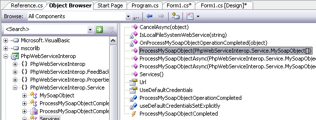 The object browser showing the method ProcessMySoapObject